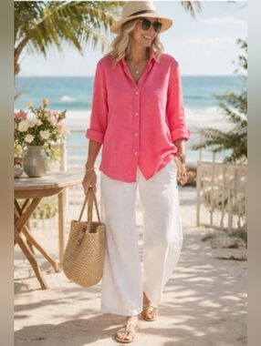 Soft Surroundings Linen Tunic Large Pink Button Up Lagenlook Coastal Hi Lo Shirt